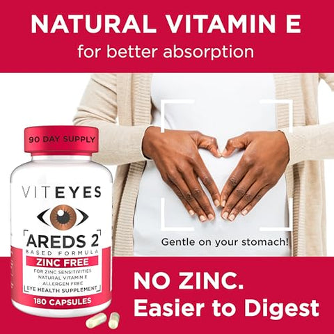 AREDS 2 Suporte Macular sem Zinco, Cápsulas Naturais Livres de Alergênicos com Vitamina E, Vitamina C, Luteína – 60 cápsulas - Viteyes