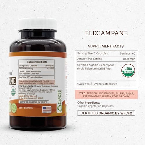 Secrets of the Tribe - Segredos da Tribo: Elecampane 120 Cápsulas, 1000 mg, Raiz Seca de Elecampane Orgânica Certificada pelo USDA (120 Cápsulas)