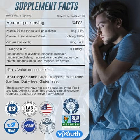 VIYOUTH - Magnésio Glicinato Suplemento, Complexo Avançado de Magnésio 7 com Citrato Malato Quelato Taurato Orotato Aspartato, Cápsulas de Magnésio com Zinco, Vitamina D3