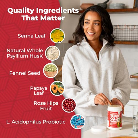 Super Colon Cleanse: Pó de 12 oz (340g), 68 Porções – Desintoxicação Natural, Alívio da Constipação Digestiva, Limpeza Suave do Intestino com Casca de Psyllium - Health Plus