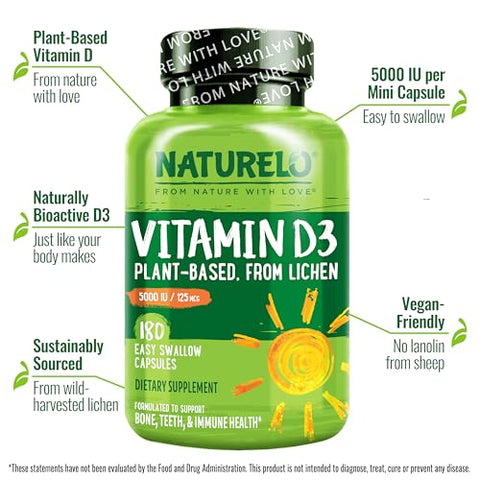 Vitamina D – 5000 UI – Baseada em Líquen – Suplemento Natural de D3 para Sistema Imunológico, Suporte Ósseo, Saúde das Articulações – Alta Potência – Vegano – Não-OGM – Sem Glúten – 180 cápsulas - NATURELO