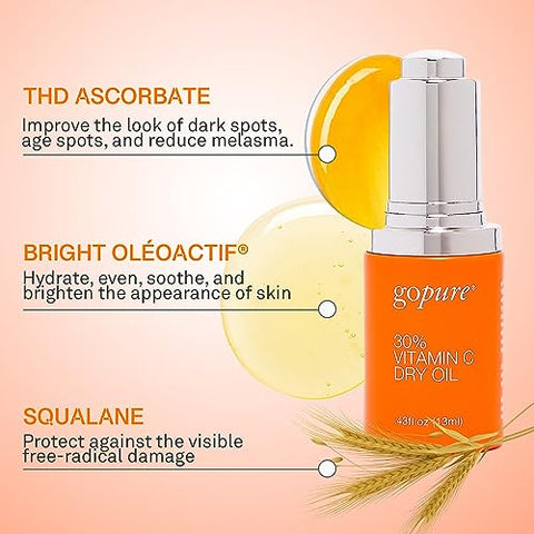 Óleo Seco de Vitamina C 30%% – Redutor de Manchas Escuras com Óleo de Vitamina C Anti-Envelhecimento para Melhorar Linhas Finas – 30ml - goPure