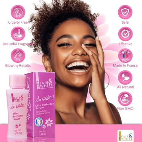 FAIR & WHITE - Fair and White So White Serum Clareador de Pele 30ml – Rosto, Cotovelos, Joelhos, Pés – com Ácido Kójico e Óleo de Rícino
