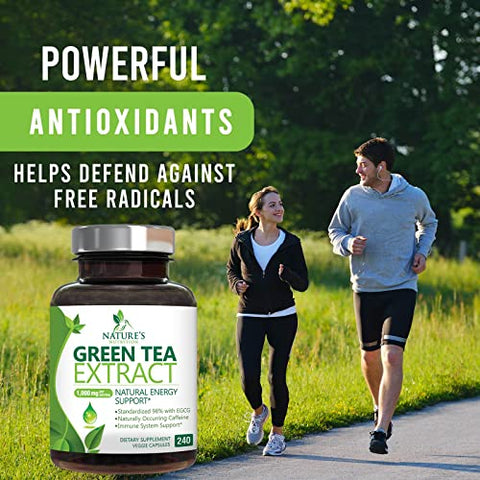 Nature's Nutrition - Extrato de Chá Verde em Cápsulas 1000mg 98%% Padronizado em EGCG – 3X Mais Potente para Energia Natural – Suporte Cardíaco com Polifenóis – Cafeína Suave – 240 Cápsulas