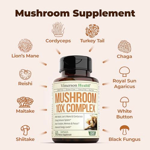 Suplemento em Pó 10 em 1 de Cogumelo – Pó de Cabeça de Leão, Cogumelo Reishi, Cordyceps, Chaga – 100g - Vimerson Health