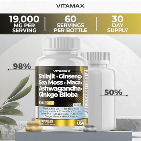 Vitamax - Suplemento Puro de Shilajit do Himalaia 10.000mg Ashwagandha 6.000mg Sea Moss 2.000mg Rhodiola Rosea 1000MG Gingko Biloba 500mg Cápsulas de Minerais Traços – Homens e Mulheres – Fabricado nos EUA
