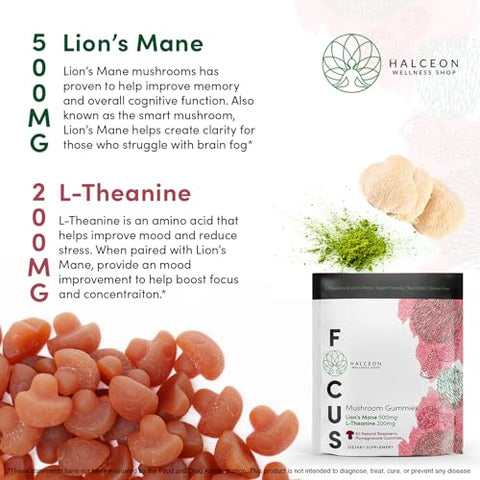 Halceon Wellness Shop - Halceon Wellness Gummies de Cogumelo do Leão e L-Teanina para Saúde Cerebral – Suplemento Nootrópico de Cogumelo do Leão – Vegano e Livre de Transgênicos – 60g