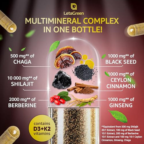 LetaGreen - Cápsulas de Shilajit Puro do Himalaia – Suplemento de Shilajit Puro com Ácido Fúlvico All-in-1 (Pacote com 2) – Berberina com Canela do Ceilão, Óleo de Semente Negra e Complexo de Ginseng