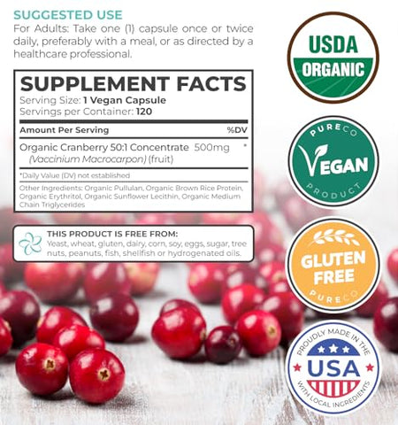 PURE CO - Pílulas de Cranberry Orgânico USDA – Concentrado 50:1 Equivale a 25.000mg de Cranberries Frescos (Vegano) para Saúde do Trato Urinário