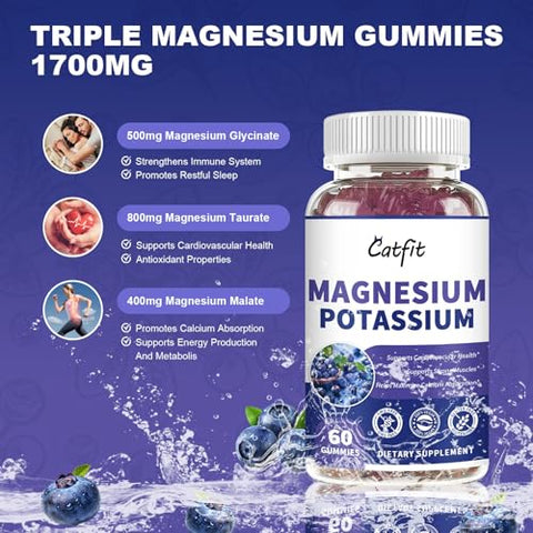 Catfit - Gomas de Suplemento de Potássio e Magnésio, Glicinato de Magnésio 500mg, Gluconato de Potássio 99mg, Complexo Triplo de Magnésio 1700mg, Cálcio, Zinco, Vitamina D3 para Cãibras nas Pernas, Sono, Imunidade