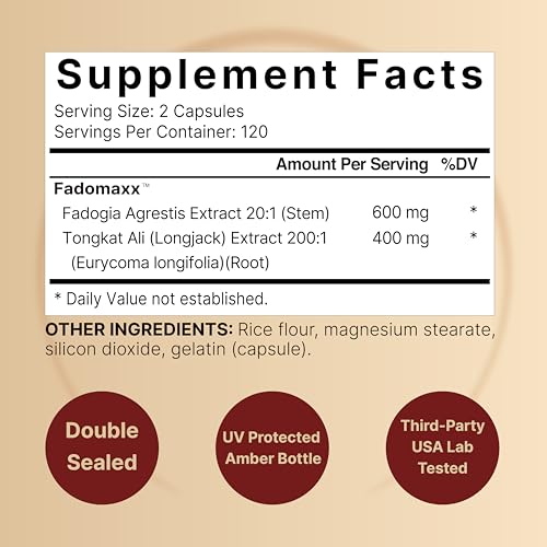 Fadogia Agrestis 600mg com Tongkat Ali 400mg, 240 Cápsulas | Extrato de Caule de Fadogia 20:1 - NatureBell