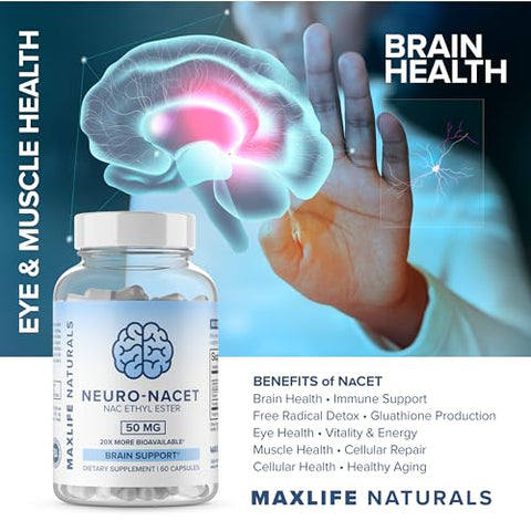 MAXLIFE NATURALS - Neuro NACET – N-Acetil Cisteína Etil Éster – 20x Mais Bioacessível Que NAC 1000mg – Aumento de Glutationa 10x Maior Que Glutationa Lipossomal – Etil Éster de NAC com Glicina – Produto de Alta Qualidade