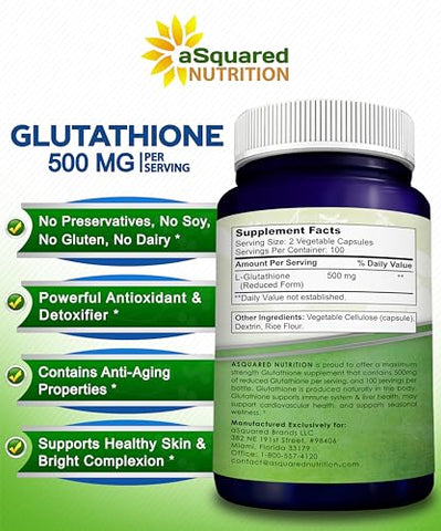 Glutationa Reduzida 500mg por Porção – 200 Cápsulas – Antioxidante L-Glutathione para Apoiar a Saúde do Fígado - aSquared Nutrition