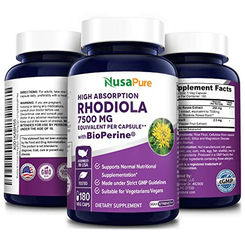 Rhodiola Rosea 7,500mg 180 Cápsulas Vegetais (Não-OGM, Extrato 30:1, Vegano) - NusaPure