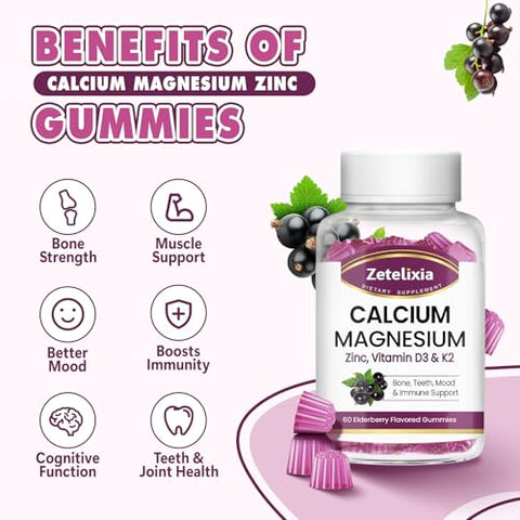 Zetelixia - Gomas de Cálcio para Mulheres e Homens, Cálcio Magnésio Zinco com Vitamina D3