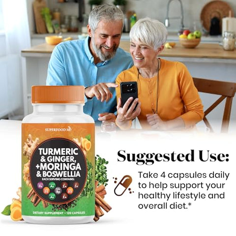 Superfood MD - Turmeric Curcumin 30000mg Ginger 3000mg Moringa 50000mg Boswellia 3000mg Saffron 2000mg Holy Basil – Suporte Articular para Mulheres e Homens com Canela do Ceilão, Quercetina, 100% Natural