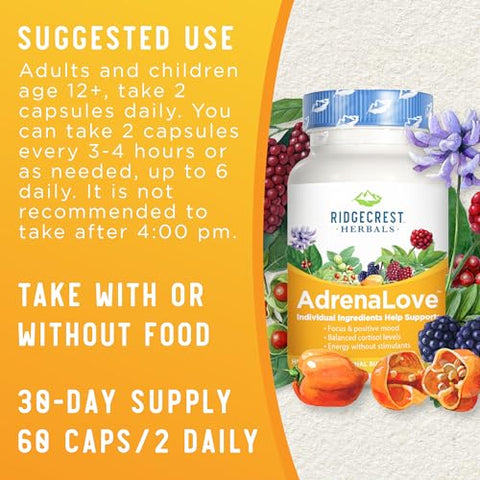 RidgeCrest Herbals - Ridgecrest Herbals AdrenaLove: Suplemento para Fadiga Adrenal com Ashwagandha, L-Theanine, Ginseng, Schisandra, Taurina, Manjericão Sagrado, Adaptógenos e Vitaminas B