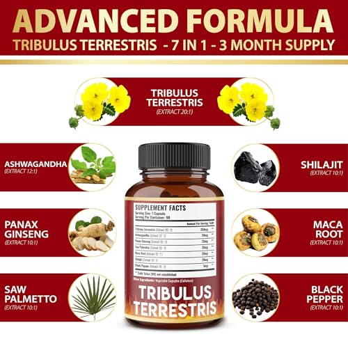 Tribulus Terrestris 8650mg por Cápsula – Alta Potência com Ashwagndha, Panax Ginseng, Saw Palmetto, Maca, Shilajit. Aumente Energia, Humor e Resistência - Zolotus