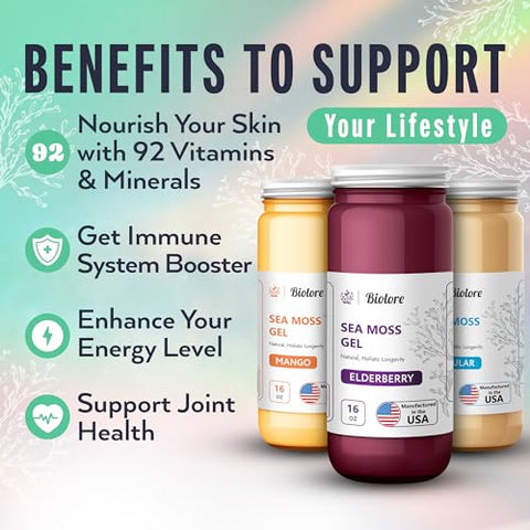 Biolore - Gel de Musgo do Mar 7700mg Blue Spirulina Feito nos EUA Raw Wildcrafted Irish Seamoss Vitaminas Essenciais Minerais Traços Vegan Superfood para Suporte Imunológico, Geleia
