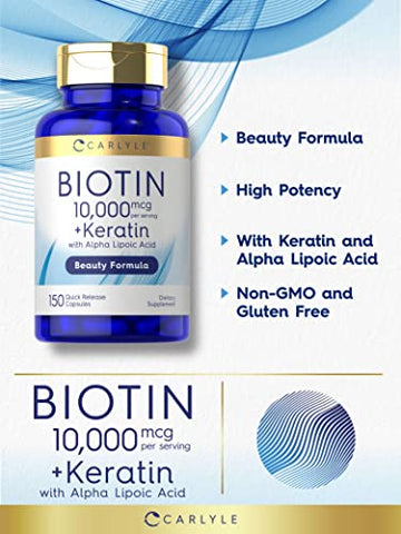 Biotina 10000mcg | 150 Cápsulas | Fórmula de Beleza com Queratina | Suplemento Sem Glúten, Não-OGM - Carlyle