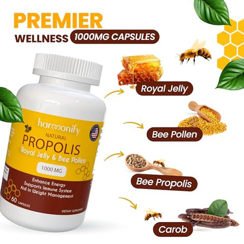 HARMONIFY - Extrato de Própolis, Geleia Real e Pólen de Abelha com Alfarroba – Suplemento Puro de Suporte Imunológico, Cápsulas Vegetarianas, Livre de Glúten, 1000 mg