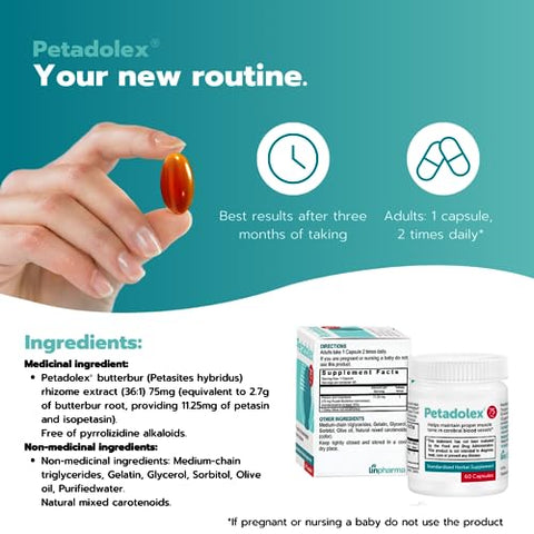 Petadolex - Alívio de Enxaqueca – Extrato Patenteado de Raiz de Butterbur, 75mg Extrato de Butterbur Livre de PA em Cápsulas de Gelatina, Solução Ideal Real de Butterbur para Prevenção de Enxaquecas