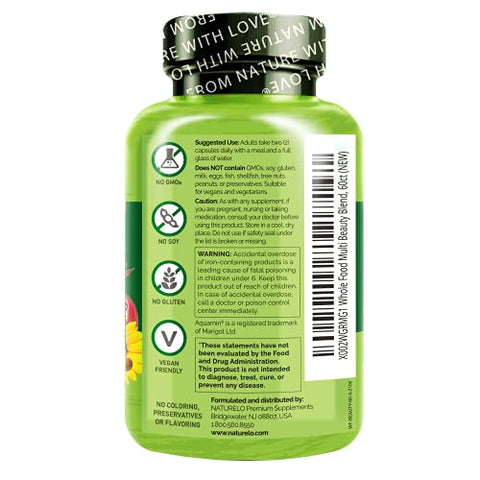Multivitamínico de Alimentos Integrais com Suporte Extra para Cabelo, Pele e Unhas – Mistura de Beleza com Ácido Hialurônico - NATURELO