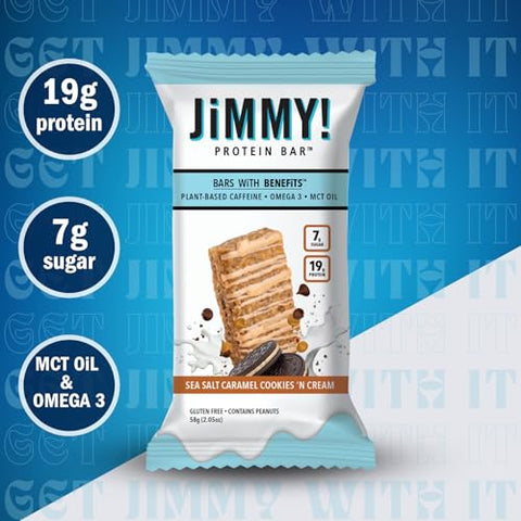 JIMMYBAR - JiMMY’S! Barra de Proteína Funcional – Caramelo com Sal Marinho Cookies N’ Cream – 12 Unidades – 18g Proteína – Cafeína, Ômega 3 e Óleos MCT – Baixo teor de açúcar, sem glúten