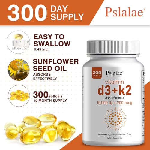 Pslalae - Vitamina D3 10000 UI com K2 200 mcg – Suporte 2 em 1 para Imunidade, Coração, Articulações e Dentes