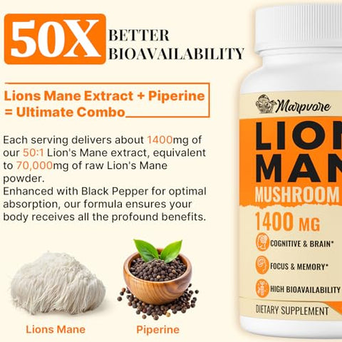 Marpvore - 70,000mg Cápsulas de Suplemento de Leão da Montanha – Potência 50X de Extrato de Suplemento de Leão da Montanha, 50% Polissacarídeos | Marca em Destaque