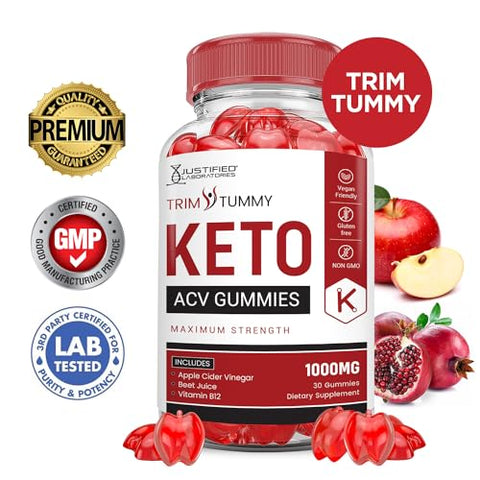 Justified Laboratories - (2 Pacotes) Gomas Trim Tummy Keto ACV Fórmula Avançada 1000MG Gomas Trim Tummy Keto Vinagre de Maçã Formulado com Romã e Beterraba em Pó B12 Vegano Não GMO 120 Gomas