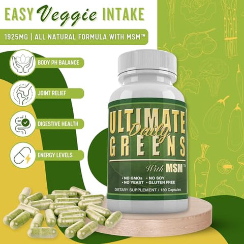 Daily Health - Ultimate Greens com MSM 1925mg – Ingredientes Naturais Veganos, Superalimento Vegetal Nutricional Alcalinizante para Suporte Imunológico e Energético – 180 Cápsulas (1 Mês de Suprimento)