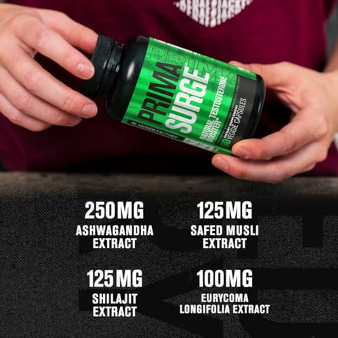Testosterone Booster for Men PRIMASURGE – com Tongkat Ali, PrimaVie, Ashwagandha – Aumente a Vitalidade, Crescimento Muscular - Jacked Factory