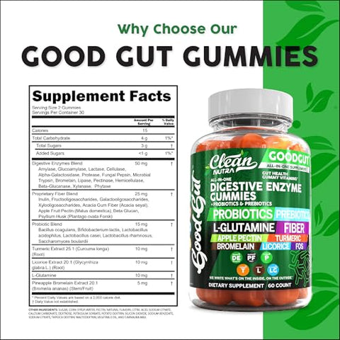 Clean Nutraceuticals - Digestive Enzymes com Probióticos e Prebióticos para Saúde Digestiva Gomas L-Glutamina para Saúde Intestinal Bromelina Cúrcuma Alcaçuz Fibra Pectina de Maçã Inulina FOS Baseado em Plantas