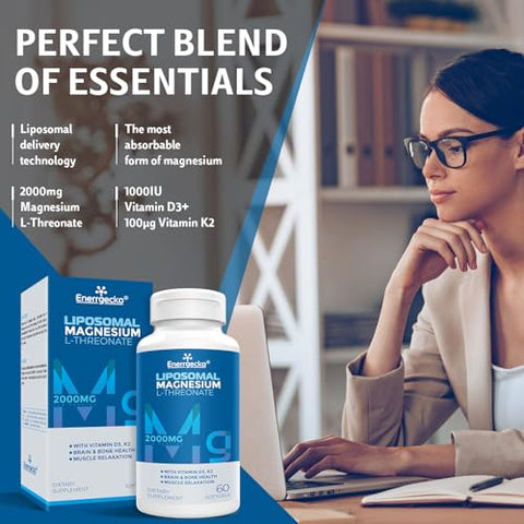 Enerrgecko - Liposomal Magnesium L-Threonate Softgels 2000mg – Vitamina D3 – 60 cápsulas