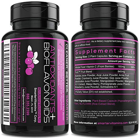 SmarterVitamins - (3 Pacotes) Vitamina C Natural de Alimentos Integrais para Suporte Imunológico de Bagas, Antioxidantes Premium, Bioflavonoides