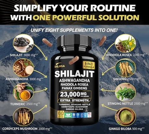 DLNIA - Shilajit Puro do Himalaia 9000MG com Rhodiola Rosea 1000MG, Ashwagandha 2000MG, Ginseng, Gingko Biloba, Cúrcuma, Cogumelo Cordyceps, Urtiga…