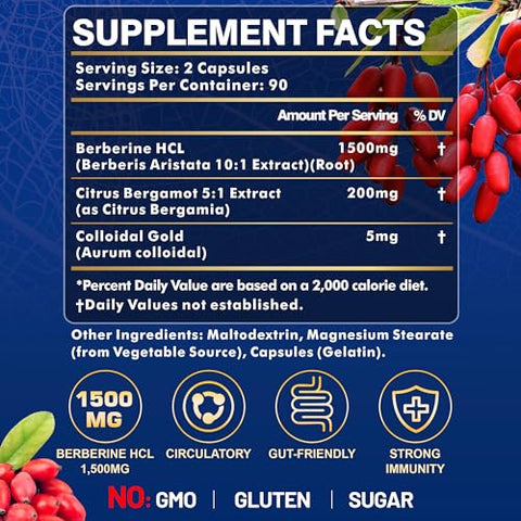 Maxxi Clean - Berberine 1500MG – Suplemento de Alta Potência com Berberina HCL e Citrus Bergamota – Suporte Metabólico, Digestivo e Imunológico – Vegano, Orgânico, Não-OGM, 180 cápsulas