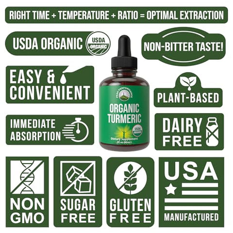 Peak Performance - Curcuma Turmeric com Pimenta Preta Orgânica USDA em Gotas Líquidas Veganas para Mulheres e Homens. Suporte Imunológico e Digestivo. Alta Biodisponibilidade. Tintura Herbal