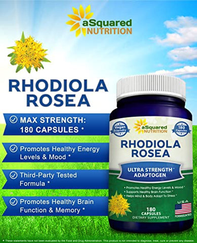 Rhodiola Rosea 1000mg – 180 Cápsulas Veganas – Extrato de Raiz de Rhodiola de Força Máxima para Melhorar Energia Pura e Função Cerebral - aSquared Nutrition