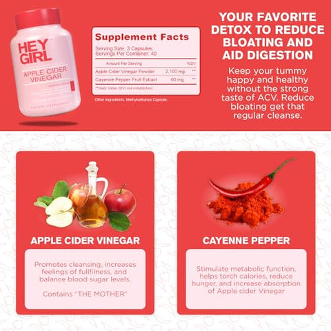 HEY GIRL NUTRITION - Apple Cider Vinegar Capsules com a Mãe – 2160mg Pílulas de Vinagre de Maçã com Pimenta Caiena – 120 Cápsulas Veganas de AVC com a Mãe para Desintoxicação, Keto, Digestão