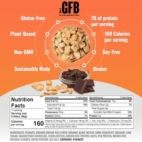 The GFB - Irmãos Sem Glúten – Bolinhas de Proteína de Chocolate Amargo com Manteiga de Amendoim – Sem Glúten, Sem Soja, Vegano – Bolinhas Energéticas de Proteína à Base de Plantas, 34g (10 unidades)