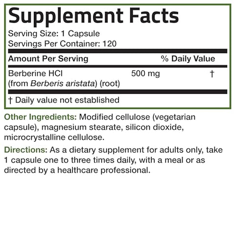 Berberine HCI 500 MG – 120 Cápsulas Vegetarianas de Berberis Aristata – Não-OGM - Bronson