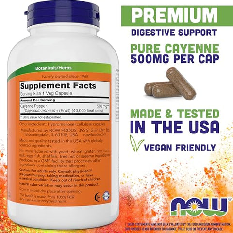 NOW Foods - Now Cayenne (Capsicum annuum) 500 mg, 360 Cápsulas Vegetais (Pacote com 2) – Potencialize sua saúde com Cayenne