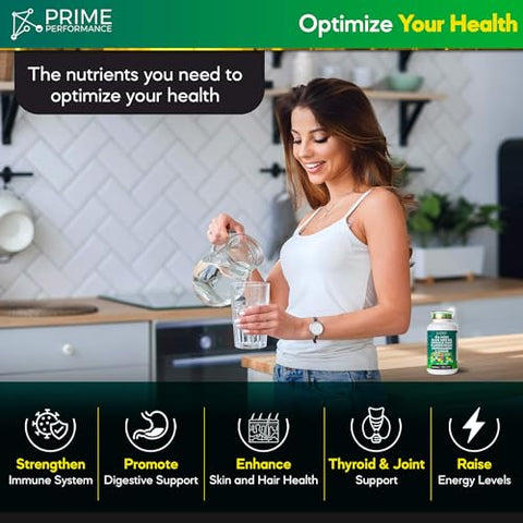 Prime Performance Nutrition - Sea Moss 13300mg Óleo de Semente Preta 13300mg Bladderwrack 2660mg Bardana 2660mg Ashwaghanda 1330mg Cúrcuma 1330mg com Gengibre Sabugueiro Vitamina C ACV Suplemento de Clorofila