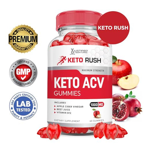 Justified Laboratories - (2 Pacotes) Gomas Keto Rush Keto ACV Fórmula Avançada 1000MG Gomas Keto Rush Keto Vinagre de Maçã Aumento Formulado com Romã e Beterraba em Pó B12 Vegano Não GMO 120