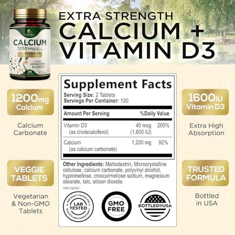 Nature's Nutrition - Calcium 1200 mg com Vitamina D3, Suplemento de Cálcio, Fortalece Ossos e Dentes