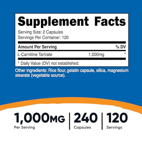 L-Carnitina Tartarato 1.000mg, 240 Cápsulas – 500mg por Cápsula, 120 Porções - Nutricost