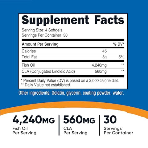 Óleo de Peixe com CLA (120 Softgels) – 4240mg Óleo de Peixe e 560mg Ácido Linoleico Conjugado por Porção, Livre de OGM, Sem Glúten, 30 Porções - Nutricost
