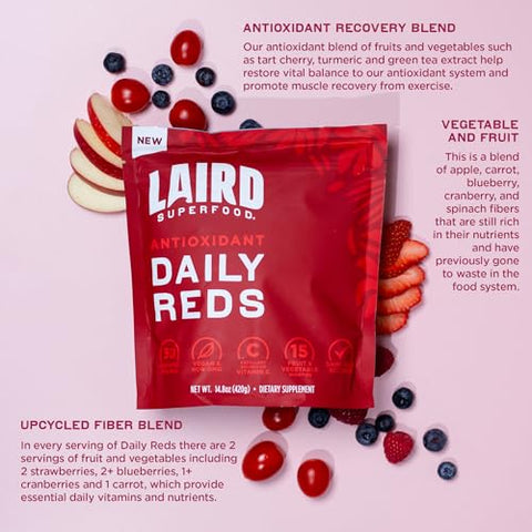 Pó Laird Superfood Antioxidante Diário Vermelho, Combate aos Radicais Livres, Vitamina C, Manganês, 2 Porções de Frutas e Vegetais por Porção, 420g (30 Porções)